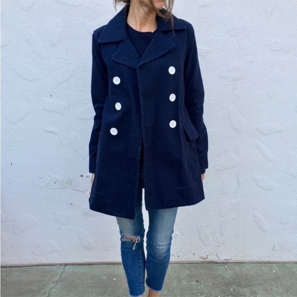 J. Crew Navy 100% Cotton Peacoat Style Blue Double Breasted Jacket Size 4 - Picture 2 of 14